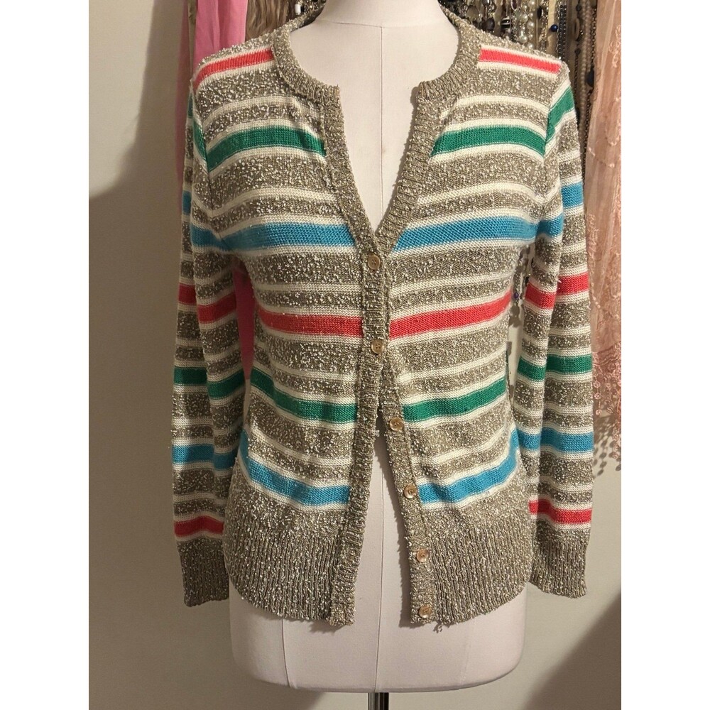 Vintage 60s 70s Talbott Metallic Striped Cardigan Sweater Shimmer Rainbow